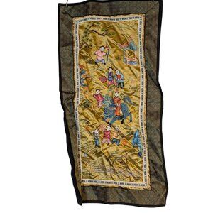 Vintage Chinese Embroidered Silk Wall Hanging With Colorful Folk Scene & Black B